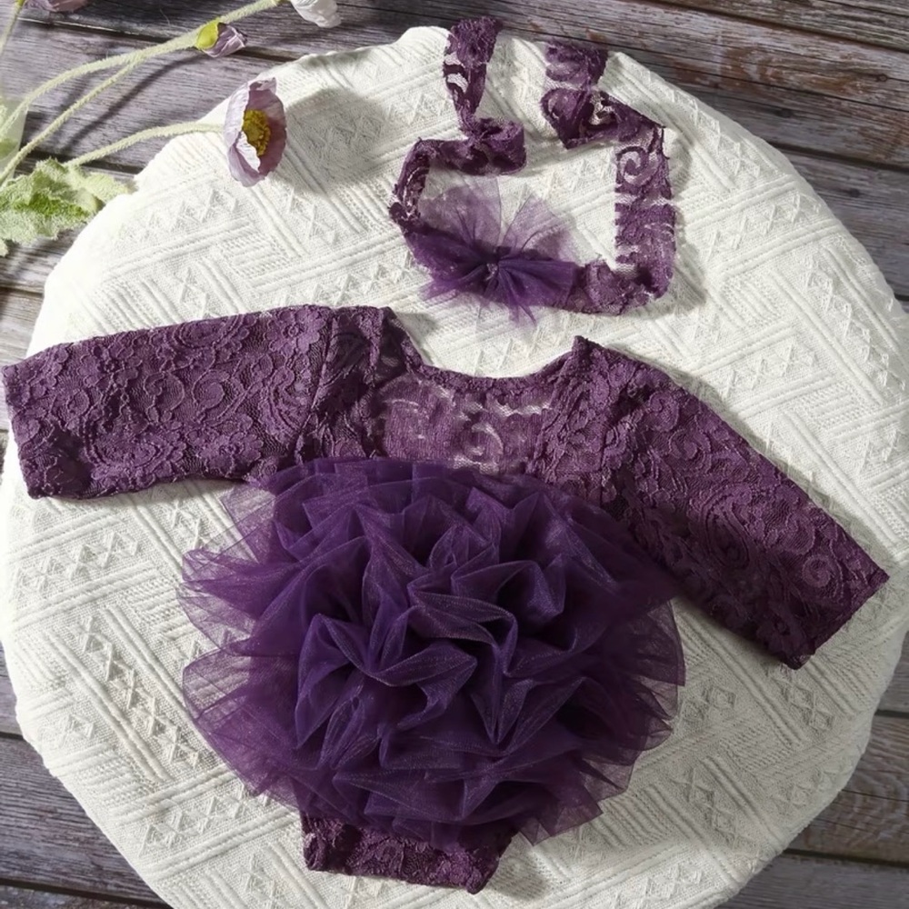 Purple Tulle and Lace Baby Infant Newborn Headband and Tutu Dress Set for Photos - Picture 2 of 12